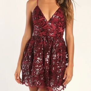 Lulus Sweetest Celebrations Wine Red Sequin Skater Mini Dress XS NWT